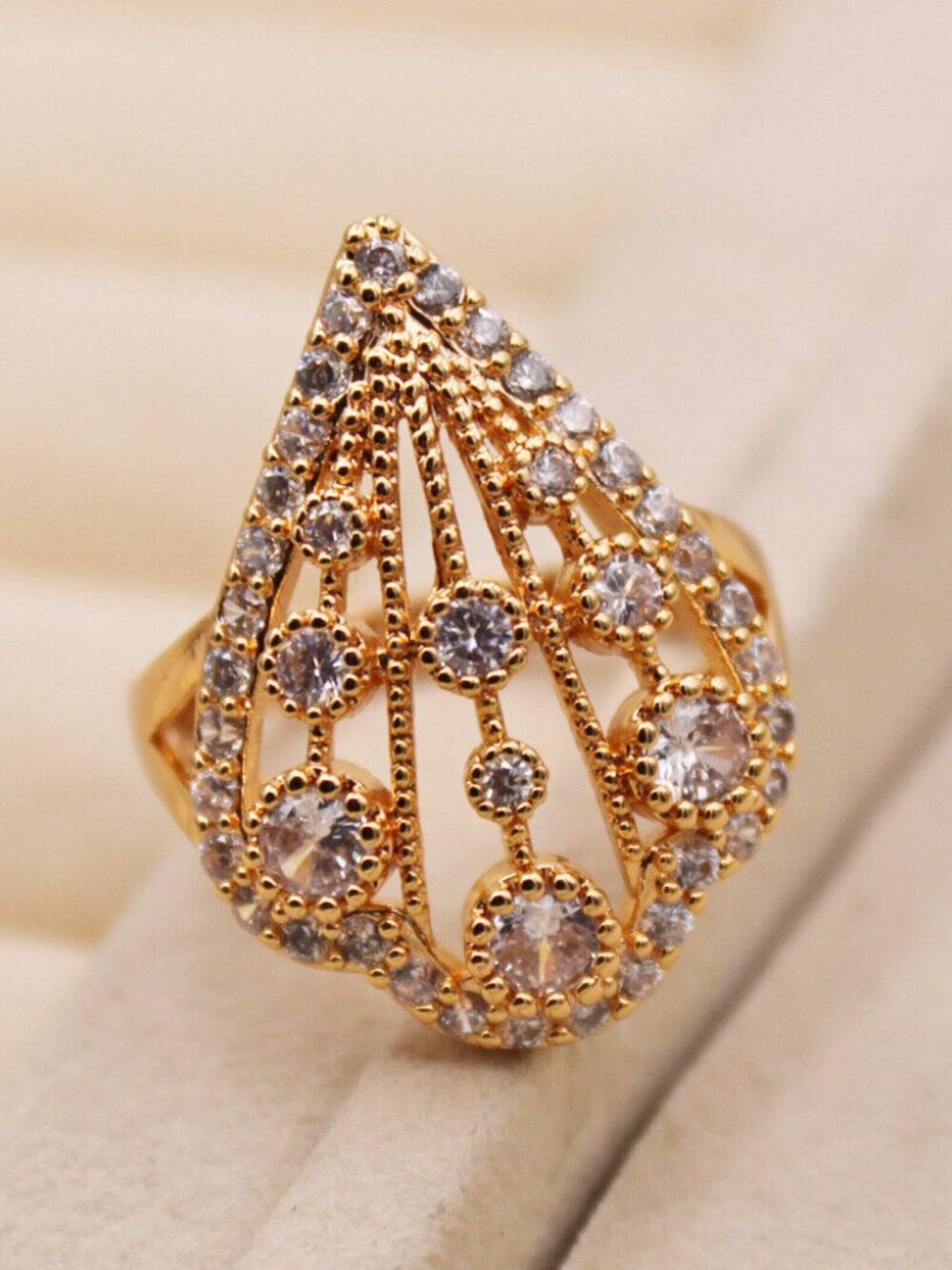 18K Yellow Gold Filled Filigree Teardrop White Diamond Zircon Ring Gorgeous Gift - Picture 2 of 4